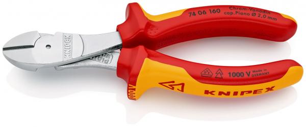 Das Bild zeigt eine Zange mit rot-gelben, ergonomischen Griffen. Die Spitzen sind silbern und rund, geeignet zum Schneiden von Draht. Sie ist für 1000 Volt isoliert und trägt die Marke Knipex.