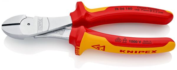 The image shows a pair of pliers with a shiny, metallic head and red, ergonomic handles with yellow elements. It is suitable for electrical work.