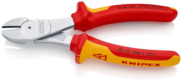 The image shows a pair of pliers with red and yellow handles. The pliers have a shiny, silver blade and a flat, wide tip. They are suitable for electrical work and insulated up to 1000 volts.