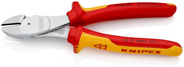 The image displays a combination of pliers with metallic blades and red, non-slip handles that feature yellow accents. They are suitable for electricians and insulated up to 1000 V.