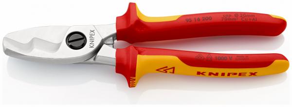 The image shows a Knipex pliers with red-yellow handles and a metallic grip. The pliers have a special cutting edge that is suitable for precise work.
