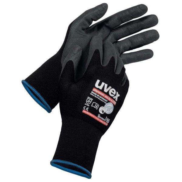 The image shows a pair of work gloves. They are black with gray fingertips and have a blue trimmed cuff. On one glove, there is a label with the brand "uvex".