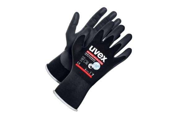 The image shows a pair of black work gloves. They have a grippy surface and an elastic band. On the inside, there is a label with the brand "uvex".