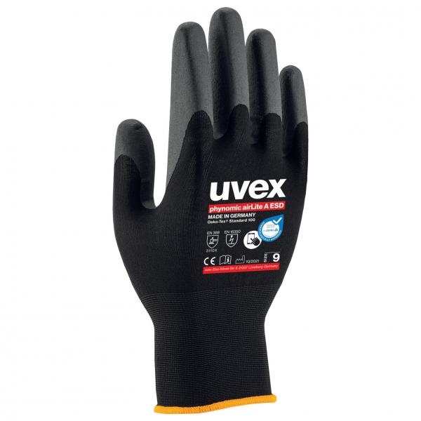 The image shows a black work glove made of flexible, grippy material. The glove is narrow around the circumference, and the palm has a non-slip texture. There is a yellow border around the wrist.