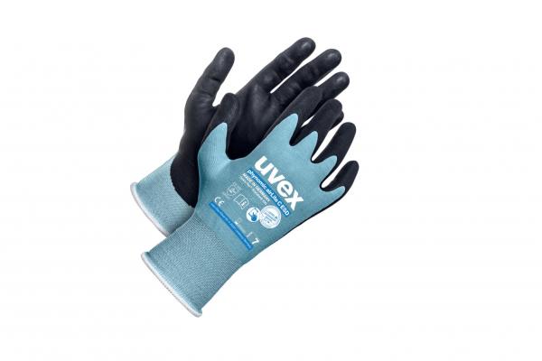 The image shows a pair of work gloves. The palms are black, while the back of the hands are light blue and knitted. There is a label with the brand "uvex" on the back of the hand.