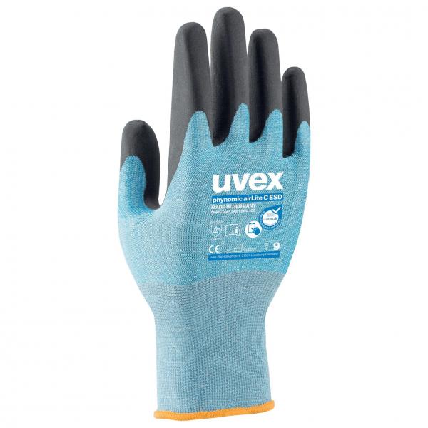 The image shows a work glove. The palms are black, the back is blue with an orange hem. There is a logo and some symbols on the palm.