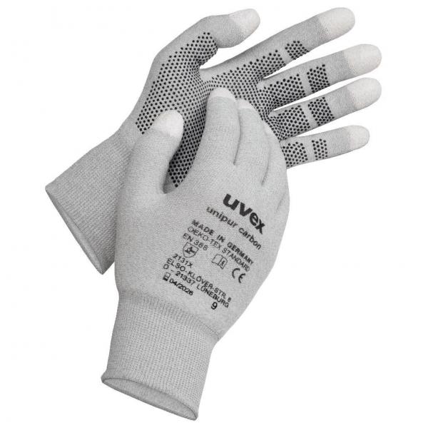 The image shows a pair of gray work gloves. They are made from a durable material and have non-slip dots on the palms and fingers. The gloves are anatomically shaped.