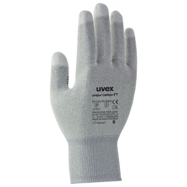 Das Bild zeigt einen grauen Handschuh aus Textilmaterial. Der Handschuh ist enganliegend und hat eine rutschfeste Oberfläche. Auf der Innenseite sind Symbole und eine Marke aufgedruckt.