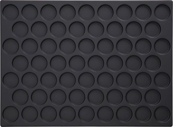 The image displays a flexible baking sheet with 48 circular indentations in a regular pattern. The surface is dark and smooth. Each indentation appears to be of equal size.