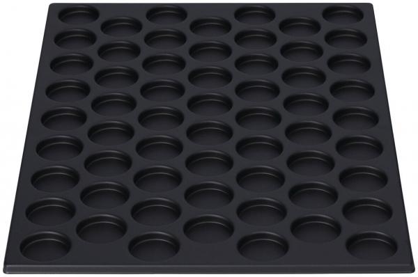 The image shows a black baking tray with 48 round indentations. The indentations are evenly arranged and have a smooth edge, ideal for muffins or small baked goods.