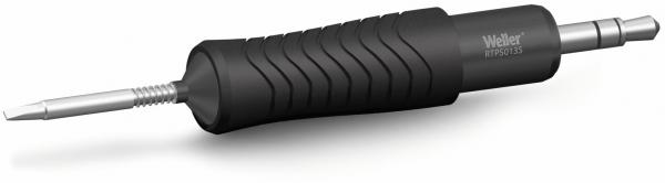 The image shows a fine soldering iron tip with a round, rubberized handle. The handle has vertical grooves for a better grip. The tip is metallic and narrow.