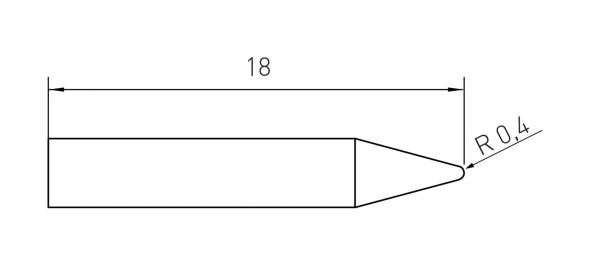 Das Bild zeigt eine technische Zeichnung eines dünnen, konischen Objekts mit einer Länge von 18 mm. Eine Spitze ist abgerundet, gekennzeichnet durch einen Radius von 0,4 mm.