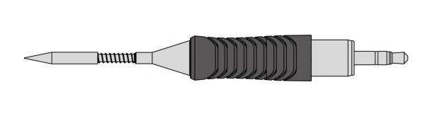 The image shows an arrow with a sharp, shiny tip. The shaft is grooved and has a black, padded section. At the end, there is a wider, flat area.