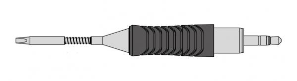 The image shows a screwdriver with an ergonomically shaped handle in the middle, which is grooved. At one end, there is a special blade, and at the other, a short pin.
