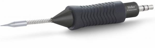 The image shows a soldering tip with an ergonomically shaped, non-slip handle made of black rubber. The tip is metallic and has a spiral mount.