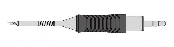 Das Bild zeigt einen Kabelstecker mit einer länglichen, gewellten Gummierung in der Mitte. An einem Ende befindet sich ein spitz zulaufender Stecker, am anderen ein runder Stecker.