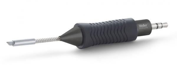 The image displays a black soldering iron with a ridged handle. At the end, there is a fine soldering tip used for soldering components.
