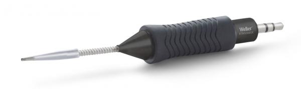 The image shows a soldering iron with a gray, non-slip grip and a pointed, silver soldering tip. The tip is flexible and slightly wavy.