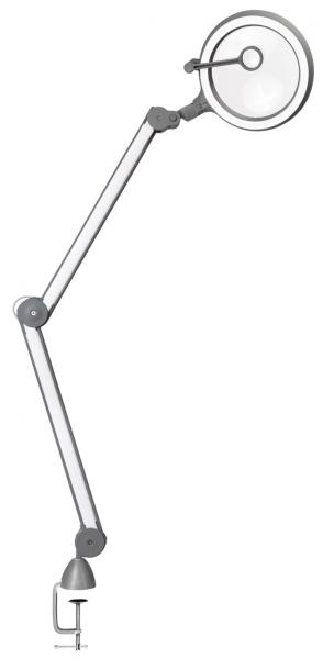Das Bild zeigt eine flexible Tischlampe mit einem langen, verstellbaren Arm und einem runden Lampenschirm. Sie ist an einem Tisch befestigt und eignet sich gut zum gezielten Beleuchten.