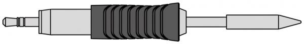 The image shows a screwdriver with a flat, pointed end. The handle is black and has grooves for better grip. The blade is silver-colored and slightly shiny.