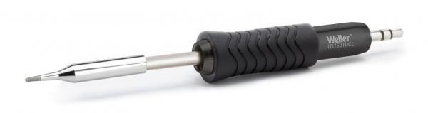 The image shows a soldering iron with a gray, ridged handle and a silver tip. The handle is ergonomically designed to allow for better handling.