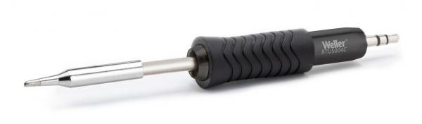 This is a soldering iron with a black, ribbed handle for a good grip. The tip is metallic and elongated, ideal for soldering. The iron is compact and handy.