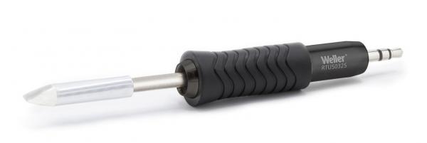 The image shows a soldering iron with a black, non-slip grip. The tip is made of metal and has a sharp, conical shape. The iron is suitable for precise soldering.