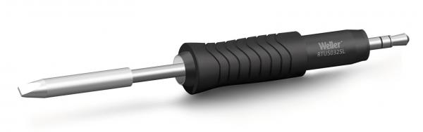 The image shows a soldering iron with a silver, pointed tip and a black rubber handle. The handle has grooves for better grip. The tool is designed for precise soldering.