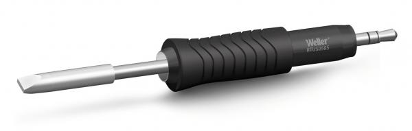 The image shows a soldering iron. The handle is black with a ribbed surface for better grip. The tip is silver and has a flat shape, ideal for soldering.