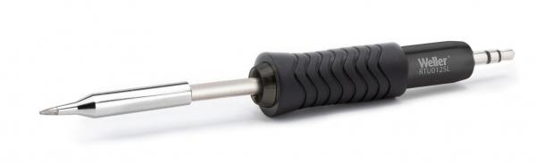 The image displays a black soldering iron with a metallic heating tip. The handle is rubberized and features non-slip grooves. The iron is slim and tapers to a point for precise work.