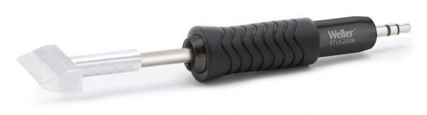 The image shows a soldering iron with a black, ribbed handle and a metallic tip. The tip is flat and has a rectangular shape.