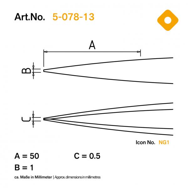 Das Bild zeigt technische Zeichnungen mit Maßen. Oben sind die Buchstaben A, B und unten C dargestellt. A misst 50 mm, B 1 mm und C 0,5 mm. Es gibt auch eine Artikelnummer.