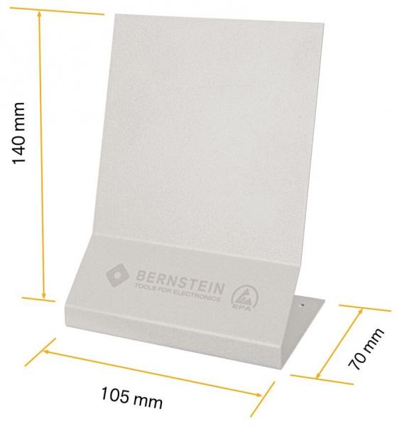 The image displays a white table sign holder with a vertical sheet and a sturdy base. The dimensions are 14 cm high, 10.5 cm wide, and 7 cm deep.