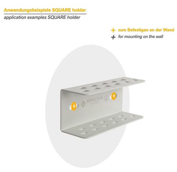 The image shows a rectangular holder with holes for wall mounting. It has a simple, flat shape and is used to attach objects.