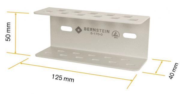 The image shows a white metal holder. It has a rectangular shape with two horizontal levels and side holes. The dimensions are 125 mm long, 50 mm high, and 40 mm deep.