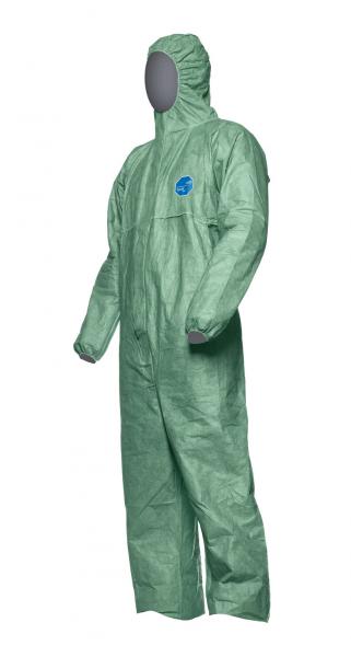 Das Bild zeigt einen Schutzanzug in einem hellgrünen Farbton. Er hat einen Reißverschluss, eine Kapuze und ist aus leichtem, möglicherweise wasserabweisendem Material gefertigt.