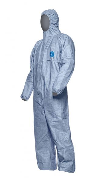 The image shows a blue protective suit made of lightweight material. It has a hood, long sleeves and legs, as well as a frontal closure strip. The suit is designed for special protection.