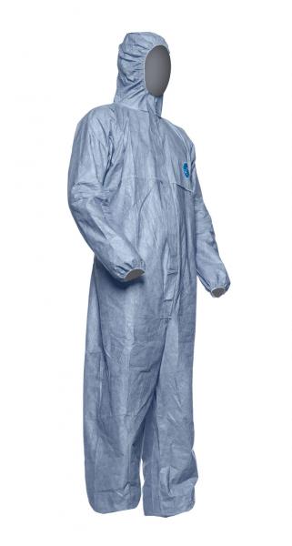The image shows a blue disposable protective suit made of lightweight material with a hood. The suit features a zipper and is intended for protection in contaminated areas.