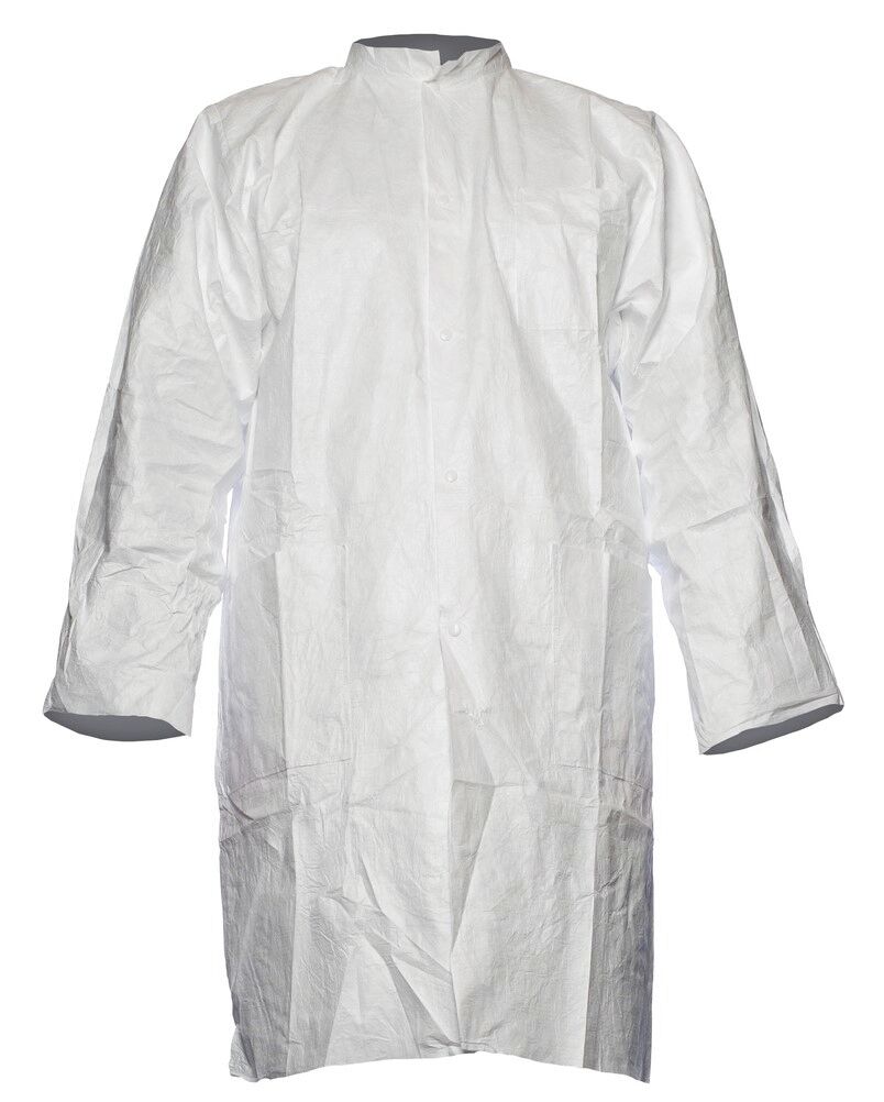 The image shows a long, white coat with long sleeves. The coat features a simple collar and is made from lightweight material, ideal for hygienic or medical purposes.