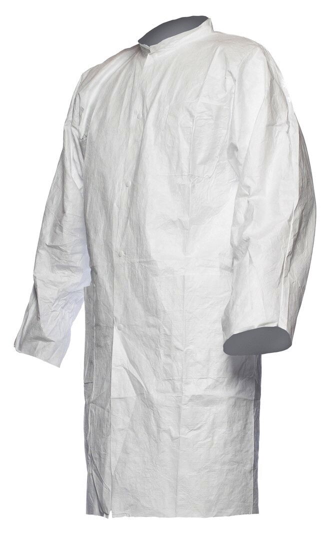 The image shows a white coat with long sleeves. It has a simple cut and a round collar without buttons, ideal for medical or hygienic purposes.