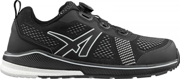 The shoe is a sporty sneaker in black with breathable mesh upper. It has a bright, textured-looking sole and a quick-lacing system.