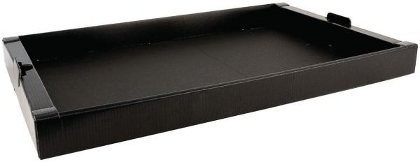 The image displays a black, flat tray or dish made from sturdy material. It features raised edges and is rectangular with a minimalist design. Ideal for transporting items.