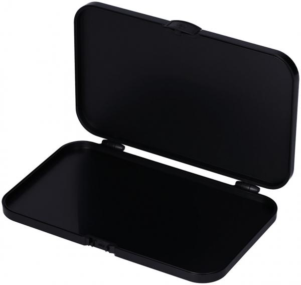 Das Bild zeigt ein schwarzes, rechteckiges Case, das geöffnet ist. Es hat einen flachen Boden und eine abgerundete Oberkante, mit einem schlichten, glatten Design ohne Muster.