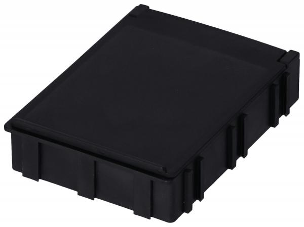 The image shows a black, rectangular plastic box. It has a smooth top and is slightly ribbed on the sides. The corners are rounded, and the box is sturdy and compact.