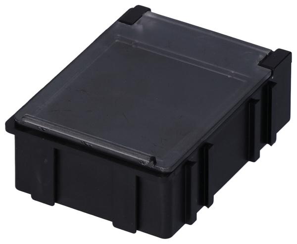 The image shows a small, rectangular box with a black body and a transparent lid. The corners have rounded edges, and the box appears sturdy and functional.