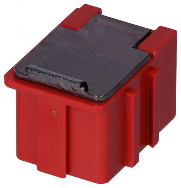 Das Bild zeigt einen kleinen, quadratischen Kasten in leuchtendem Rot mit einem schwarzen Deckel. An der Seite sind zwei vertikale Rillen sichtbar. Der Kasten wirkt stabil und kompakt.