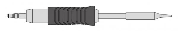 The image shows a long, slender plug with a round, slightly wavy rubber grip in the middle. At one end, two small contacts are visible, and at the other end, a pointed connection.