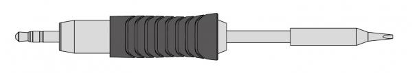 The image shows a green connector with a ribbed rubber sleeve in the middle, providing a non-slip grip surface. A pointed contact is visible at the end.