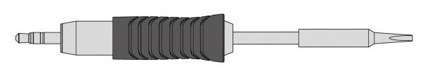 The image shows a screwdriver with a black, ridged handle and a narrow, flat blade. The blade is pointed and faces forward.