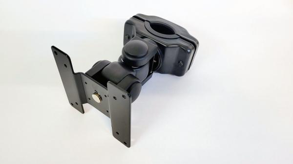 The image displays a black bracket with a spherical joint that allows for flexible alignment. The mounting plate is rectangular with multiple screw holes.